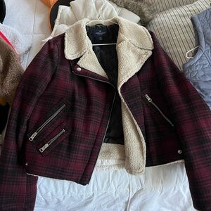 American Eagle Outfitters Burgundy Plaid Teddy Jacket